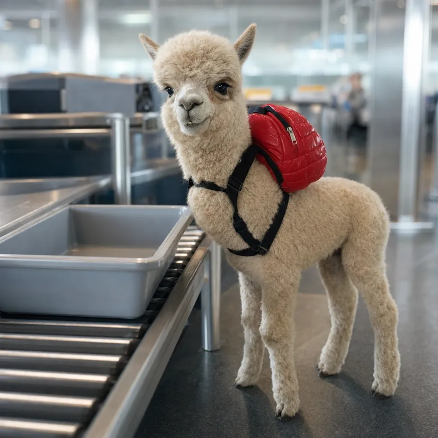 Backpaca at an airport security tray, keeping his red backpack on